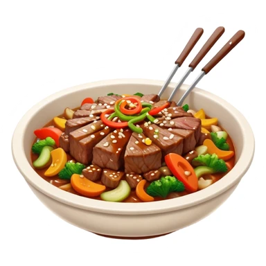 Cinematic Realistic Bulgogi Dish Emoji, featuring tender, marinated beef stir-fried with vegetables rendered with dynamic textures and mouth-watering lighting. sticker
