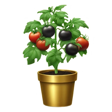 Tomato plant with Black tomatoes on in a gold pot sticker