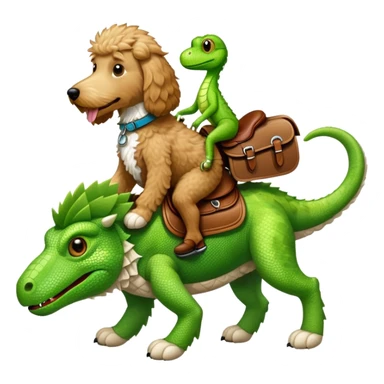 A goldendoodle with a saddle being ridden by a lizard sticker