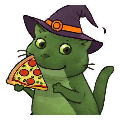 A cat with witch hat and pizza in her hand sticker