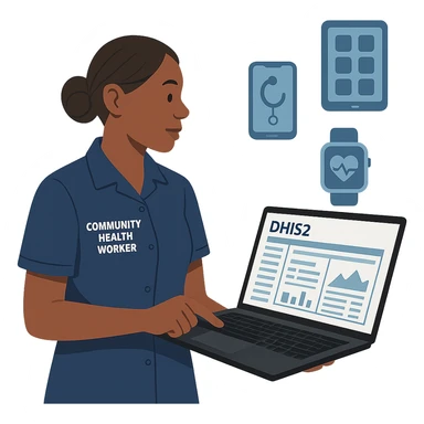 community health worker in uniform, interacting with DHIS2 software, digital health tools sticker