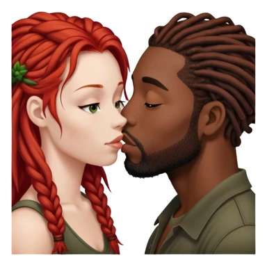 Mulher de cabelos ruivos e pele branca. O homem tem dreads nos cabelos e é negro. Ambos se beijando.  sticker