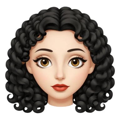 persona mujer con piel clara y rizos suaves color negro y largos  y sin volumen y con delineador en los ojos y con los labios medianos, ojos almendrados y nariz respringada sticker