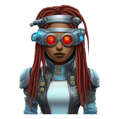 Light blue long dreadlocks female cyborg head with red steampunk goggles and circuits sticker