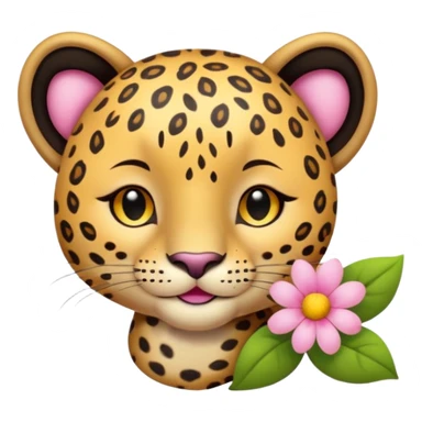 A leopard with eyes closed and a peaceful smile. A pink flower with a yellow center is tucked behind its right ear
 sticker