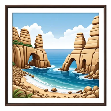 Cinematic Realistic Raouche Rocks Landmark Emoji, depicted with dramatic natural rock formations along the Beirut coastline rendered with intricate detail and dynamic natural lighting. sticker