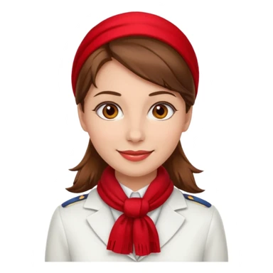 Female flight attendant, with red scarf, white shirt, brown hair, brown eyes, iOS emoji-type face, fair skin  sticker