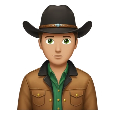 yellowstone ranch cowboy with black cowboy hat, black t-shirt, leather tan jacket, and green eyes sticker