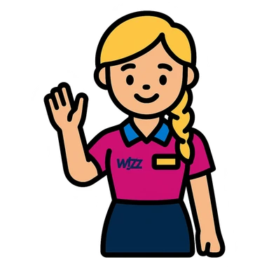 flat cartoon emoji of a smiling Wizz Air flight attendant, blonde side braid, vivid pink and blue uniform, navy skirt, name tag, upright and waving, actual colors from reference photo for uniform, hair, and skin, transparent background, stylized and welcoming sticker