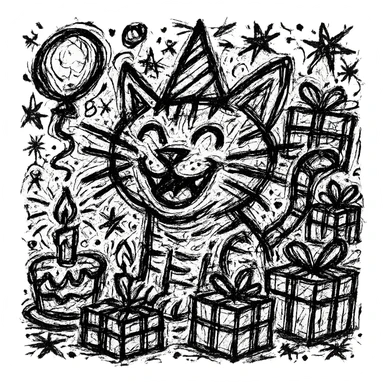 Add more gifts around the kitten, keeping the chaotic outlined style and all original elements intact sticker