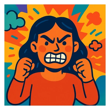 woman making a grr expression, scrunched face, teeth showing, angry expression, vibrant illustration style sticker