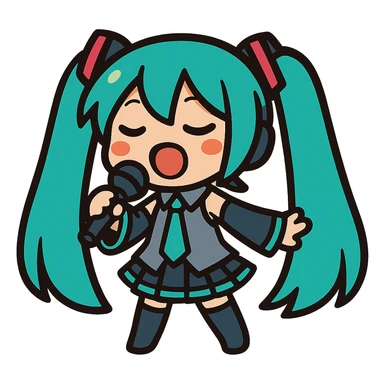 Hatsune Miku, chibi style, singing, holding a microphone, teal hair sticker