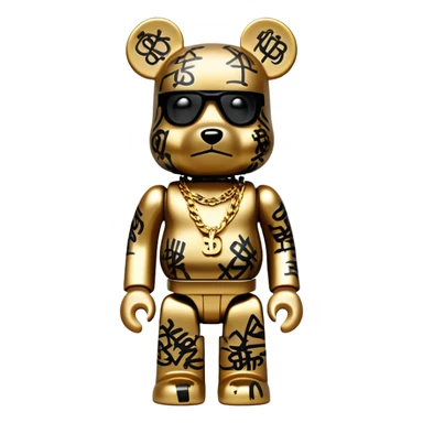 hustler bearbrick toy figure with graffiti print, X symbols instead of eyes, gold chain and money sticker