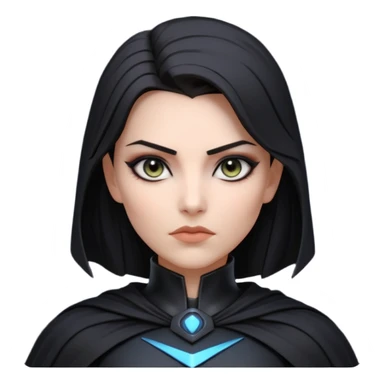 dark sci-fi villain female portrait, head and shoulders only, black armor, cape collar, intense eyes, sharp confident expression, subtle futuristic makeup, dramatic lighting, 3D cartoon, mobile game icon style, clean background, no text, no watermark
 sticker