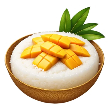 cinematic-realistic-mango-sticky-rice-dessert-emoji,-showcasing-sweet-sticky-rice out of a mould-paired-with-ripe-mango-slices-and-coconut-milk-rendered-with-lifelike-detail-and-warm,-inviting-lighting with the coconut  milk over the rice sticker