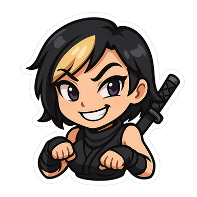 Sexy chibi ninja girl with black short hair and a blonde streak, only head and arms, colorful chibi style with bold outlines, transparent background, no mask, mischievous grin with one eyebrow raised, sized for Twitch emoji use. sticker