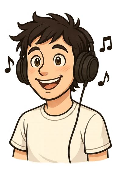 Edit the image of the guy to have messy hair, wearing a white t-shirt, with music notes coming out of the headphones, and lighter colored eyes. Keep the happy expression and transparent background. Maintain the original style as much as possible. sticker