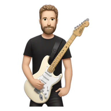 white man with dark beard and black t shirt and pastel pink stratocaster electric guitar sticker