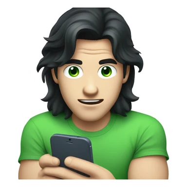 a guy with blue eyes, long black hair, white skin, green tshirt, with a phone in his hand, looking at his phone hypnotised. sticker