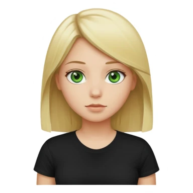 Girl with green eyes, blonde with straight hair to the chest in a black t-shirt sticker