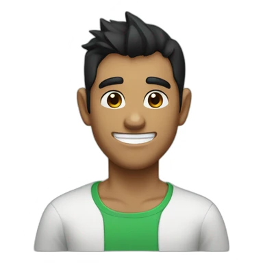 An imp with black hair and brown eyes and a smile in a green shirt with a white T-shirt and with dark brown horns on his head that turn blue at the ends sticker