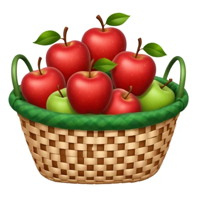 woven basket with apples and white checkered cloth, green sticker