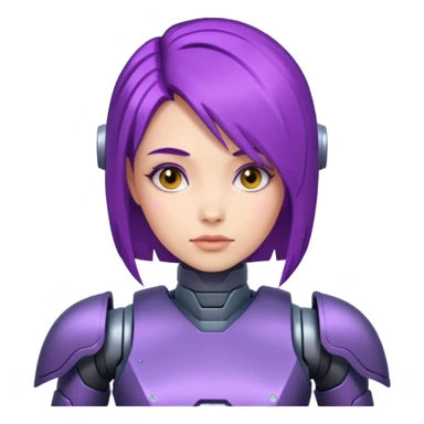 A woman with purple hair and a robot armor sticker