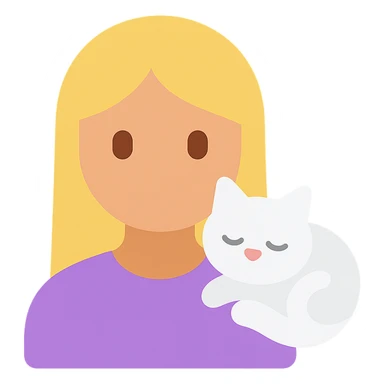 a girl with long blonde hair, a white fluffy cat lying on her left shoulder and neck, flat color icon style for Discord and Slack sticker