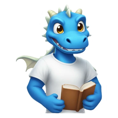A blue dragon in a white T-shirt with a smile, holding books in his hands sticker