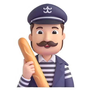 Frenchman with moustache, beret, holding baguette, black and white striped shirt, 3D emoji style. sticker