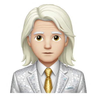 Jehovah from Christian Mythology with long white hair, white sequin suit jacket and tie, white shirt sticker
