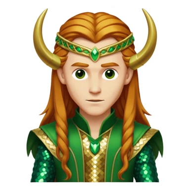 Loki, God of Mischief from Gods and Goddesses with long reddish blonde hair, green and gold sequin outfit sticker