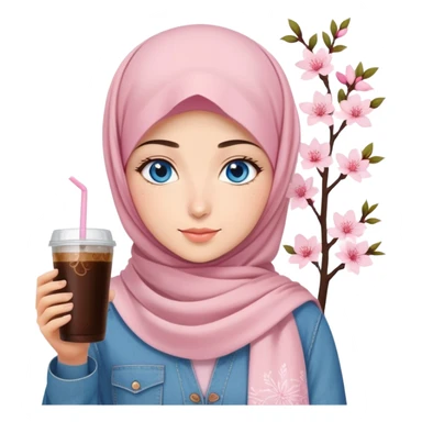 Turkish beautiful finish Konya girl blue eyes with light pink denim hijab islamic dress and had on her hand sakura blossoms in cold brew coffee   sticker