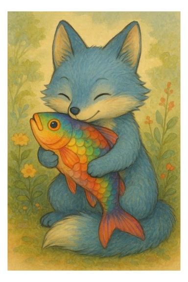 cute blue fox hugging a rainbow fish in ghibli style sticker