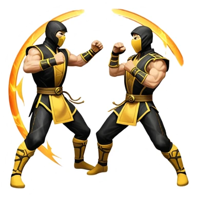 An icon showing two fighters in dynamic combat poses, inspired by Mortal Kombat. One character delivers a powerful kick, while the other blocks or counters. The background features a dark arena with glowing effects, symbolizing intense battles. Transparent background. sticker