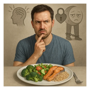 Realistic style illustration of a thoughtful 30-year-old man in front of a healthy plate, with a distrustful expression. Behind him, blurred symbolic elements: a stylized head with vibrating lines representing stress, a locked heart representing emotions, a moon with tired eyes representing insomnia, and still legs with chains representing sedentariness. Realistic style with conceptual touch. sticker
