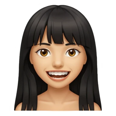 Woman a little tan with long black hairs and bangs, appearing teeth sticker