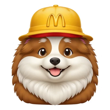 A fluffy demedog with a Mac Donald’s hat sticker