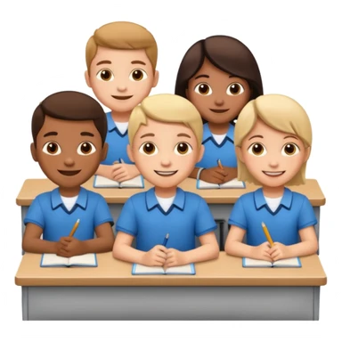 five school children not wearing uniform sitting in a row behind their school desks sticker