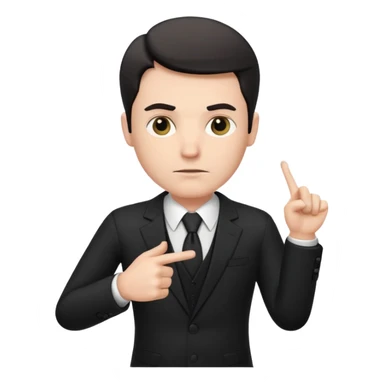 A white man in a black suit stands with a serious face and points at his hand holding papers. sticker