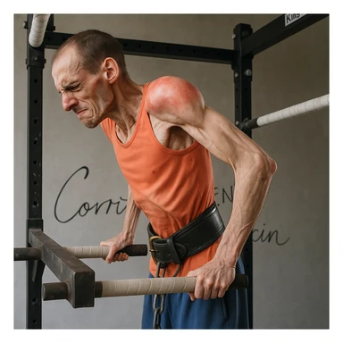 Hyperrealistic 4K image of a very thin man performing a dip on parallel bars, side position as in the reference, showing an expression of discomfort. Shoulder area with signs of inflammation and swelling. Highlighted muscles and bones, gym atmosphere. Variant 6. sticker