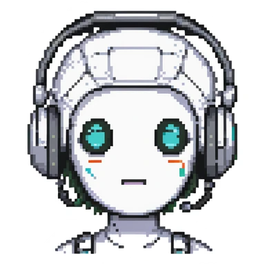pixel art icon of a cute female robot face, black and white, rounded square face, two circular eyes, three-dot mouth, headphone sides, small bow on top, soft rounded features, pixel hair, minimalist, retro sticker