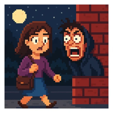 Change the expression of the surprised stalker to a more intense or exaggerated one in pixel art style sticker
