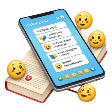 A modern app interface for learning Ukrainian with vibrant emoji icons representing reading, learning, and exploring. The screen shows a phone or tablet with books and Ukrainian symbols, accompanied by emojis like 📖 (book), 🎧 (audio), 🧠 (learning), 🌍 (exploring), and 💬 (discussion). The background is clean and minimalistic, with soft colors and subtle cultural Ukrainian elements like embroidery or folk patterns. The scene conveys a sense of engagement, community, and fun learning experience sticker