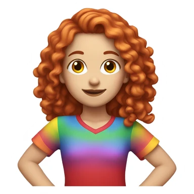 white girl with long red curly hair, wearing a rainbow shirt doing a pose sticker