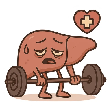 cartoon liver character with heavy weights, tired face, healthcare icon, soft red and brown palette sticker