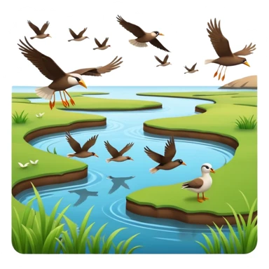 A 3D cartoon estuary with birds flying over shallow water and grassy banks, calm mood, Memoji-style realism. sticker