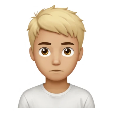 Short buzz, messy blonde hair. Dark brown bushy eyebrows large expressive golden-brown eyes, wearing a plain white t-shirt. Male Teenager. light Dark Brown skin color.  sticker
