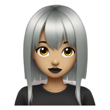 Emo girl with black strait hair with bangs and piercings on her septum and middle lip sticker