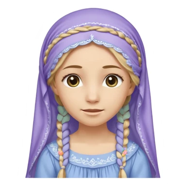 
mujer, Joven, de aspecto dulce y elegante.
Piel clara, ojos grandes y expresivos, sonrisa triste.
Rubio o castaño claro, largo, con trenzas o velo.
Vestido largo de tonos suaves (blanco, azul o lavanda), con bordados dorados; toca fina cubriendo la cabeza. cuerpo entero
 sticker